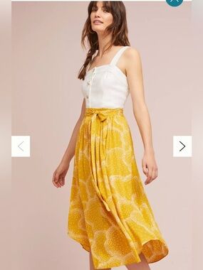 Anthropologie Maeve Staycation Mustard Yellow Dot Print Tie Waist Midi Skirt XS